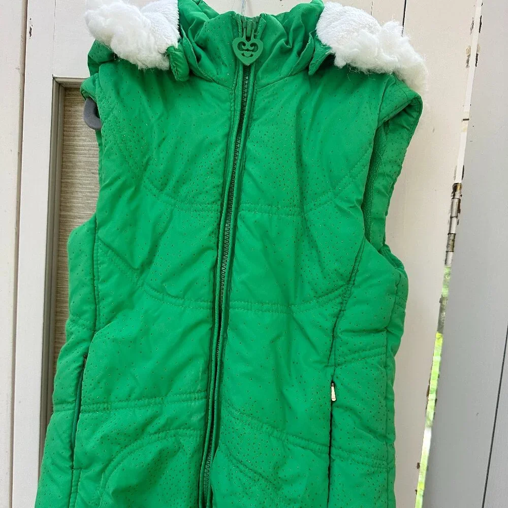 Childrens Place Girls Green Sparkle Puffer Vest Fur Hood 7 8 Removable Hood